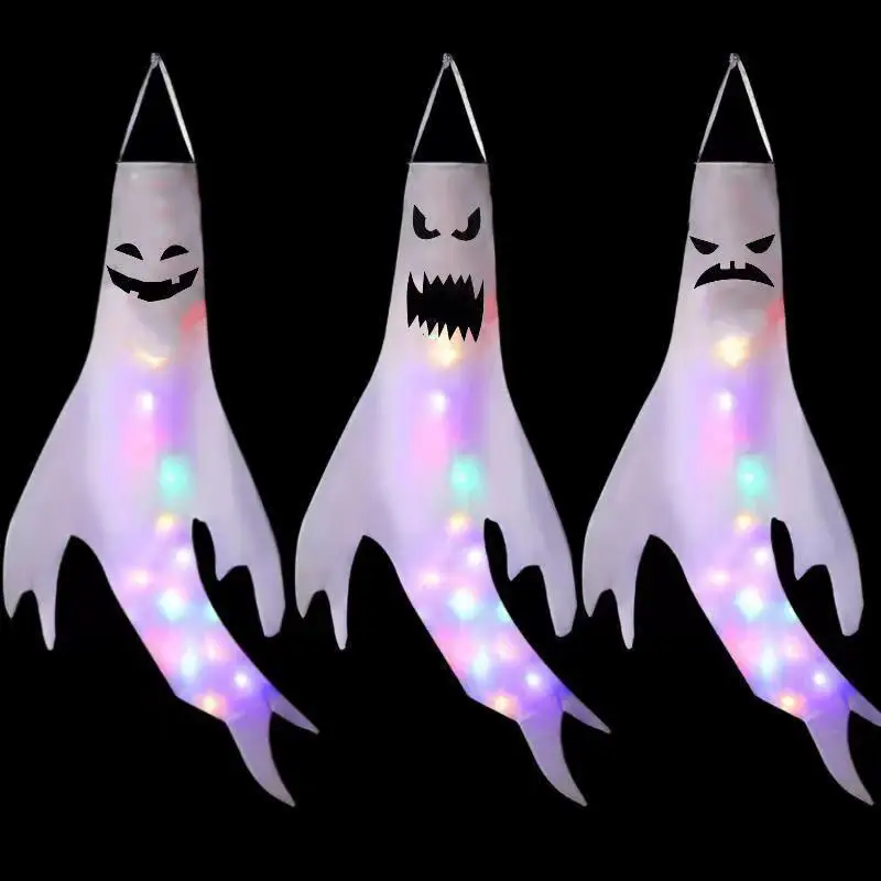 Outdoor Lighting Effects - ハロウィーン LED ゴースト ウィンドソック ハンギング デコレーション。屋外の庭やパーティー会場、ハロウィーンの飾り付けに最適な、光るお化けのウィンドチューブ。