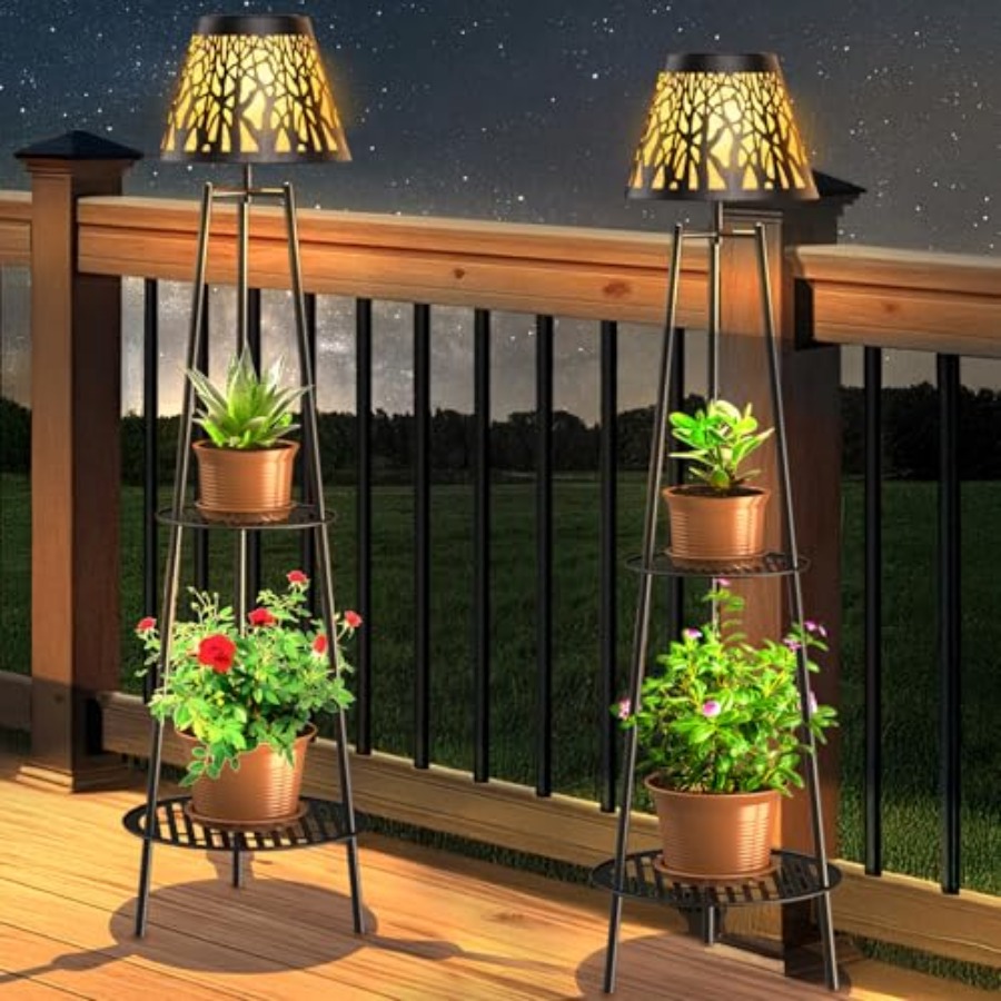 Outdoor Lighting Waterproof - 2パック屋外ソーラーフロアランプ、植物スタンド付き、防水メタルガーデンライト、2段棚付き、装飾LEDコードレスパット